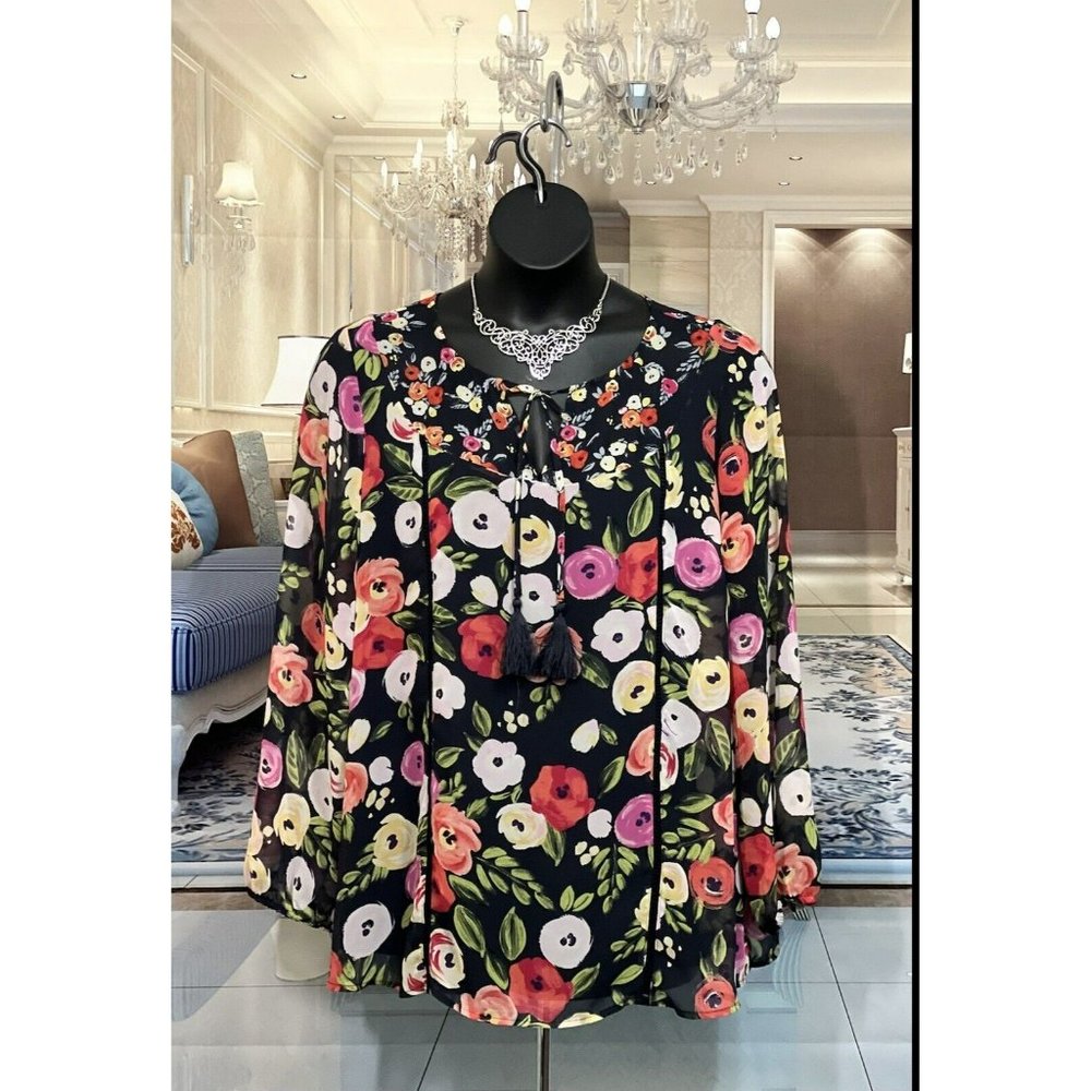 LANE BRYANT 20 Multicolored Floral Lined Long Sleeve Blouse/Shirt/Tunic Top